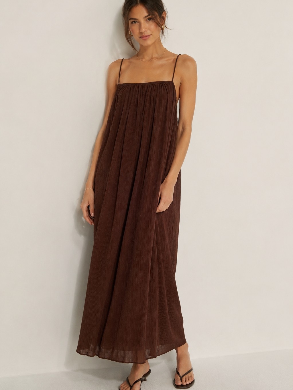 H&M Pliss Strappy Maxi Dress Brown Size M Nwt